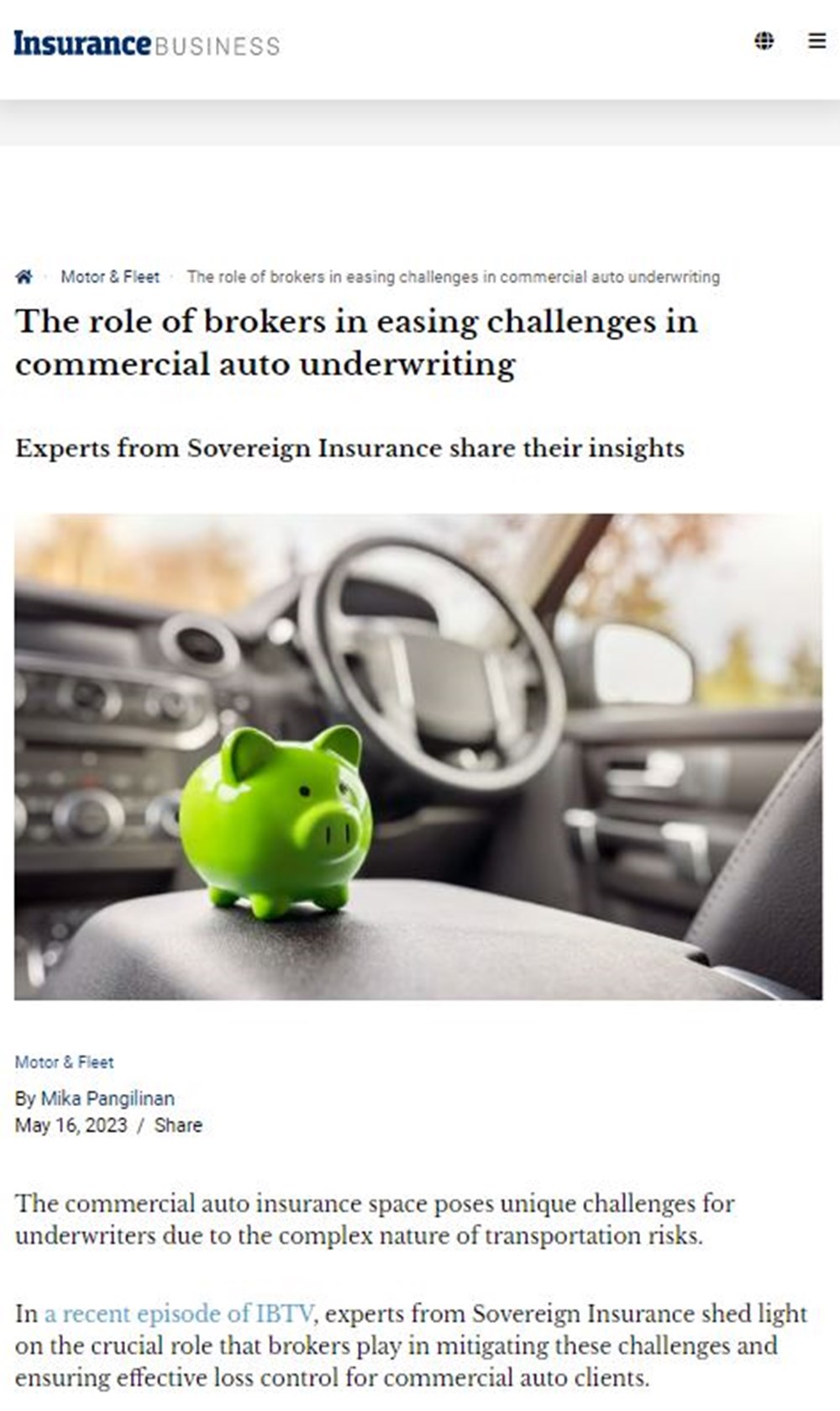 Une capture d'écran de l'article "the role of brokers in easing challenges in commercial auto underwriting" dans Insurance Business Magazine.